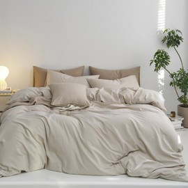 MooMee Bedding Duvet Cover Set 100% Washed Cotton Linen Twill Thick Sturdy Material Super Soft Breathable Durable for All Season 3 Pieces (Cream Grey, Full)