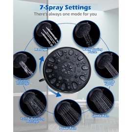High Pressure Shower Head VMASSTONE 4.7" Rain Fixed Showerhead 7-Spray Setting with Adjustable Brass Swivel Ball Joint - Excellent Replacement for Your Bath Shower Head (FM-001 Matte Black)