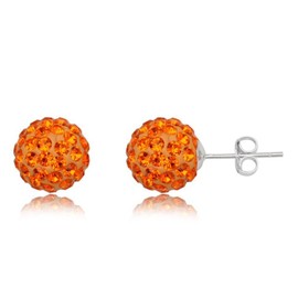 8MM WOMENS Sparkly Pave Glitter/Disco Ball Sterling Silver Stud Earrings/Ear Studs for Women Ladies Girls - Round Silver Earrings - ORANGE SUN