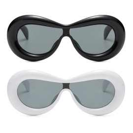 Long Keeper 2 Pair Oversized Oval Sunglasses Women Men Y2K Sunglasses Inflated Frame One Piece Lens Sun Glasses UV400 (Black+White)