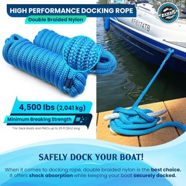 Premium Nylon Boat Dock Lines & Ropes for Docking & Pontoon | Double Braided Marine Rope | Boat Ropes for Docking with Loop | UV & Saltwater Resistant Dock Rope (Lagoon Blue, 3/8” x 15’)