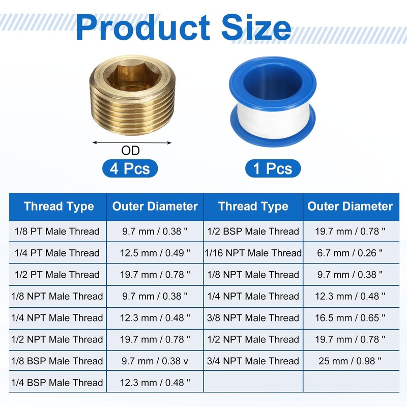 sourcing map 4Pcs 3/4 NPT Brass Pipe Plug Fitting, Male