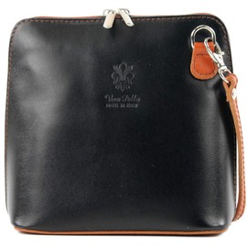 modamoda de - T94 Italian Small Shoulder Bag Made of Smooth Leather, Black/cognac