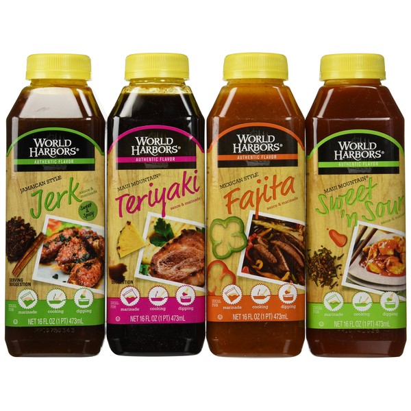Bundle - 4 Items: World Harbors Marinade Sauces - Mexican Style Fajita, Maui Mountain Teriyaki, Jamaican Style Jerk, Maui Mountain Sweet 'n Sour