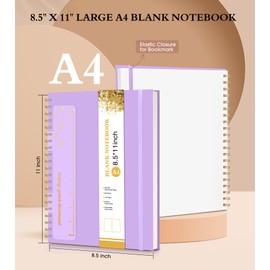 Blank Spiral Notebook Journal 8.5” x 11”, A4 Large Sketch Book for Women Men, 100 GSM Blank Paper Drawing Notebook, Plastic Hardcover Spiral Bound Sketchbook for Sketching Work School Writing, Purple