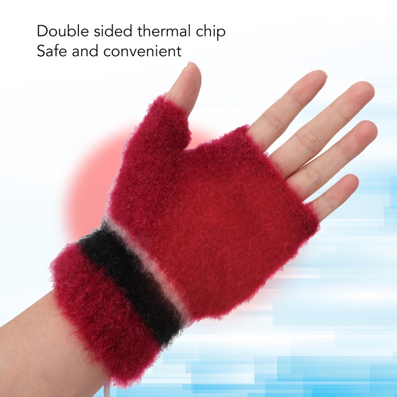 USB Heated Gloves Half Fingerless Flip Burgundy Double Sided Knit