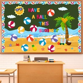 Pasimy Summer Bulletin Board Decorations Set Beach Tropical Hawaiian Classroom Decorations Have a Ball This Summer Flip Flop Palm Paper Cutouts Borders for School Teacher Office(Beach Ball)