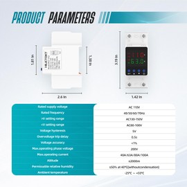 Adjustable Voltage Protector 110V, Over/Under Voltage Cutoff and Overcurrent Protection Relay, Auto Reset 1-63A Smart Circuit Breaker, DIN Rail Mount for Home & Industrial Electrical Circuits