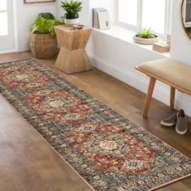 Lahome Oriental Hallway Runner Rug - 2x8 Rug Runner,Non Slip Kitchen Runner Rugs Non Skid Washable Rugs for Long Bathroom Rugs Runner,Distressed Vintage Soft Carpet Runner for Bedroom, Brick Red