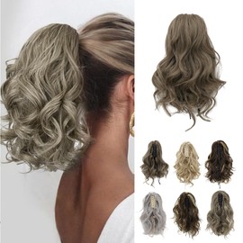 10 Inch Short Ponytail Extension, Claw Clip in Ponytail Hair Extensions Curly Wavy Ponytail Extensions Synthetic Hairpieces for Women - Ash Brown