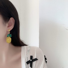 Cute CZ Yellow Pineapple Dangle Drop Statement Earrings Crystal Cubic Zirconia Fruit Dangling Charm Tiny Round Diamond Piercing Stud Earring Boho Jewelry Summer Party Gifts for Women Bff