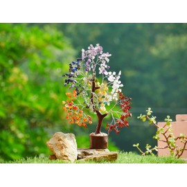 Reikved 7 Seven Chakra Crystal Natural Gemstone Bonsai Money Tree with Chakra Bracelet for Reiki Healing Good Luck, Home Office Decor Gift 300 Beads Size 10-12 Inches (Seven Chakra Silver)