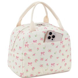 BTOOP Lunch Box for Women Men Cute Corduroy Lunch Bags Large Capacity Insulated Lunch Tote Bag For Work Travel Or Picnic (Pink Bow Floral)
