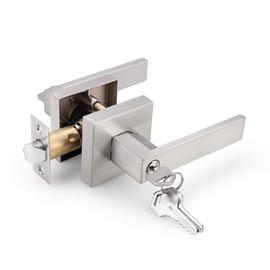 Gobrico 1 Pack Square Door Lever with Lock and Key for Exterior Interior Door in Satin Nickel