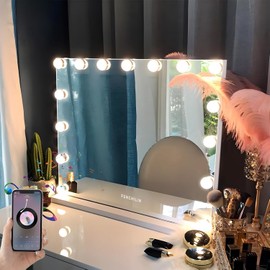 FENCHILIN Vanity Mirror with Lights and Bluetooth Speaker 22.8"x 18.1" Makeup Mirror Lighted Hollywood Mirror with 15 Dimmable LED Bulbs USB Charge Port, 3 Color Lighting Modes