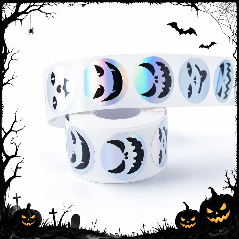 Halloween Ghost Face Stickers Roll 500PCS 1 Inch Round Holographic