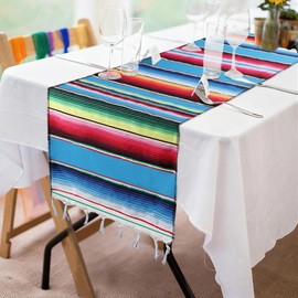 Fowecelt Mexican Serape Table Runner 14 x 84 Inch Hand-Woven Blanket Colorful Striped Mexican Fringe Cotton Fiesta Table Runner for Outdoor Picnics Dining Party Wedding Decorations