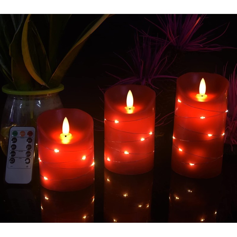 danip red LED flameless Candle with Embedded Star String, 3-Piece
