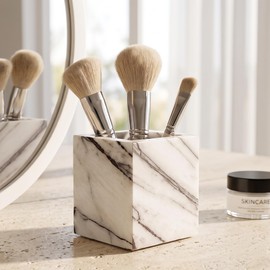 WORHE Natural Lilac Marble Toothbrush Holder 3.93Inch Solid Stone Makeup Brush Organizer, Luxurious Pen Holder, Square Utensil Storage Container for Bathroom, Office, Countertop Home Decor (WH097)