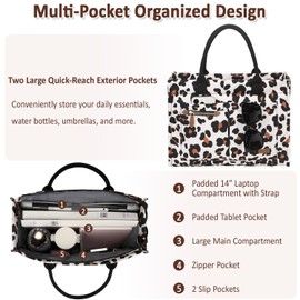 ELONGRIVER Canvas Tote Bag for Women, Large Work Tote Bags with Compartments, Zipper Crossbody Handbag for Teacher, College Leopard Print