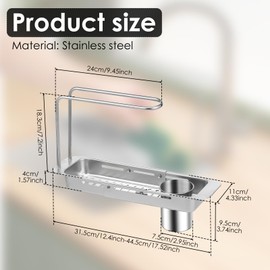 Telescopic Over Sink Organizer Rack, Stainless Steel Sink Storage Rack with Towel Hanger and Filter Bucket, Extendable Kitchen Caddy Drain Basket, Adjustable Sink Shelf Over Faucet Sponge Holder
