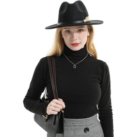 Womens Fedora Hat Classic Wide Brim Floppy Panama Hat with Ring Belt Buckle Wool Fashion Fedora Hat