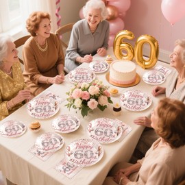 Grencian 96 Pcs 60th Birthday Party Supplies for Women Rose Gold 60 Years Old Paper Plates and Napkins Tableware Set 60th Birthday Decorations for Ladies Women Sixty Years Old Party Serves 24
