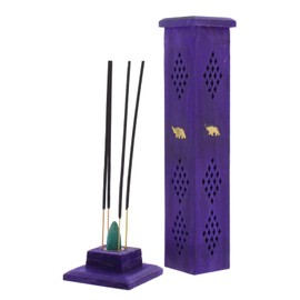 Incense Stick Holder – Wooden Tower Burner Holders With Ash Catchers For Joss Sticks Burners Box Agarbatti Stand With Brass Inlays Coloured Fragrant Accessories Decorative Stand Purple, Elephant