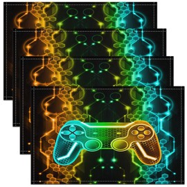 Kids Gamer Table Place Mats Game Controller Placemat for Kitchen Dining Table 45X30cm Honeycomb Gaming Gifts Washable Fabric Table Mats Placemat Gamepad Pattern Green Yellow Orange Table Mats