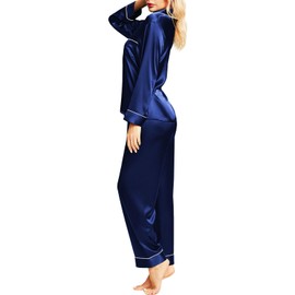 Satin Silk Pajamas for Women Pajama Set With Long Sleeve Button-Down Satin Pajamas Sleepwear NavyBlue L