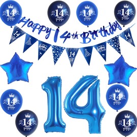 Blue Garland 14th Birthday Banner + Triangle Flags + Balloons Number 14 + 8 Pieces 14 Birthday Balloons 14th Birthday Decoration for Boy, Decoration 14th Birthday Boy Birthday Decoration 14 Years Boy