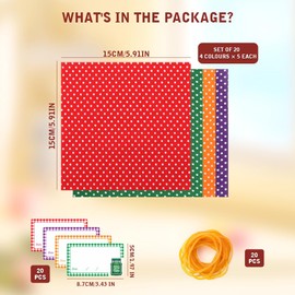 FIDWALL Kit di decorazioni per barattoli di marmellata (20) – 20 centrini quadrati in tessuto (15 x 15 cm, 4 colori) + 20 etichette impermeabili + 20 elastici – coperture decorative per marmellate