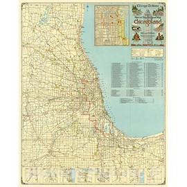 Historic Pictoric Map : Chicago, Illinois 1927 2, 1927 Special Detailed Road map of Chicagoland, Antique Vintage Reproduction : 24in x 30in