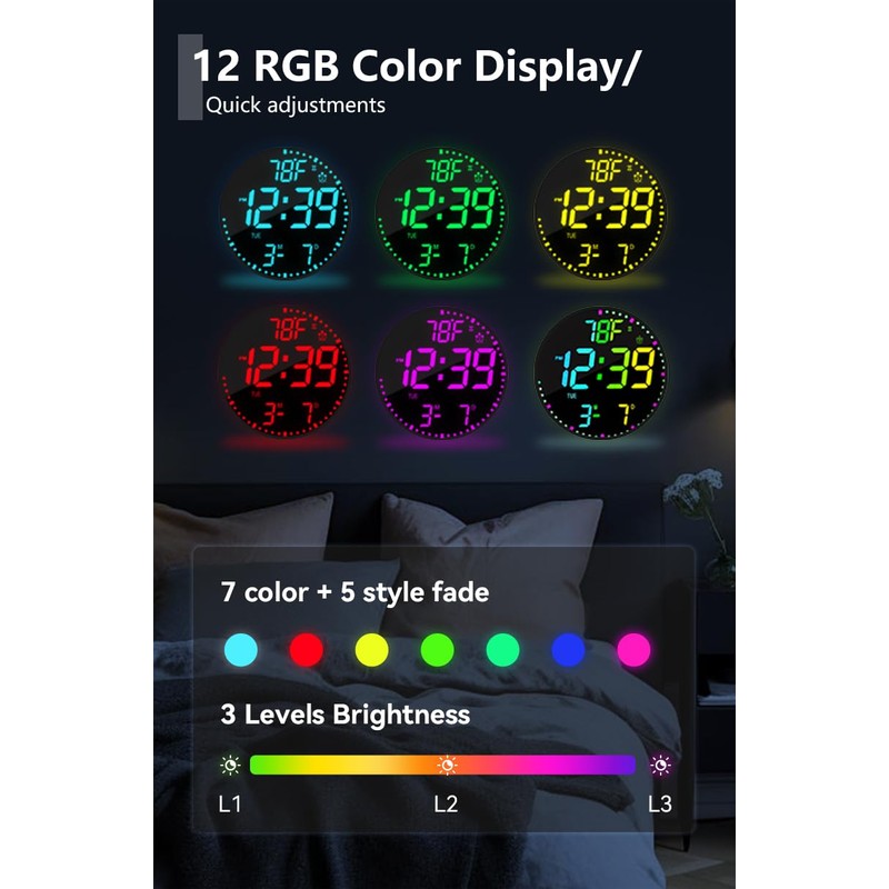 Large 12" Modern RGB Colorful LED Wall Clock, Large Digital