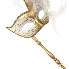 ILOVEMASKS Venetian Masquerade Luxury Feather and Lace Party Mask with Stick (Gold White)