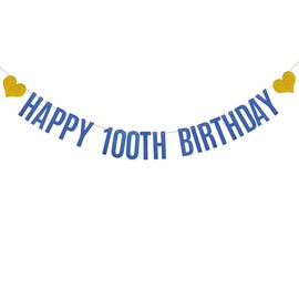 Happy 100th Birthday Banner, Pre-Strung,Blue Glitter Paper Garlands Banner for 100th Birthday Party Decorations Supplies, Letters Blue,Betteryanzi