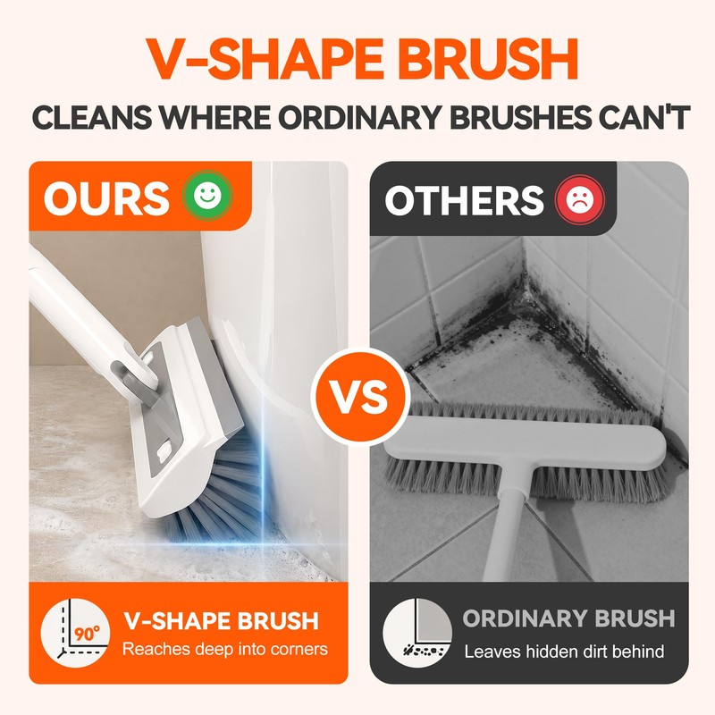 3-in-1 Floor Scrub Brush with 55” Long Handle, V-Shape &