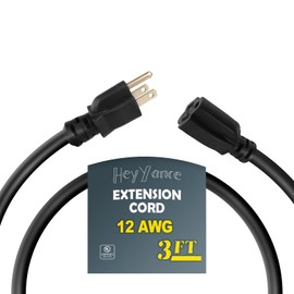 HeyYance 3 Ft Heavy Duty Outdoor Extension Cord Waterproof - 12/3 SJTW 15A 1875W Black Extension Cable with 3 Prong Grounded Plug, Waterproof Electric Cable for Lawn, Garden, Appliances, UL Listed