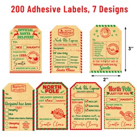 Christmas from Santa Stickers Gift Tags Kraft Gift Presents Labels 1 Roll 200 PCS 2X3 inch Delivery from The North Pole Stickers for Kids Xmas Holiday Gift Packages Wrapping Name Stickers
