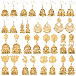 Nosiny 16pairs Jhumkas Indian Earrings for Women Jhumka Hoop Dangle Earrings Set Indian Jewelry for Women(Gold)