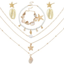 PH PandaHall Seashell Starfish Jewelry Set, Pearl Shell Jewelry Hawaiian Summer Jewelry Chains Ocean Beach Necklace Mermaid Costume Accessories for Women Necklaces Bracelet Earrings, Golden