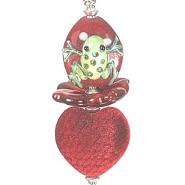 Red Velvet Heart with Handcrafted Artisan Green Lampwork Glass Frog Ceiling Fan Pull Chain