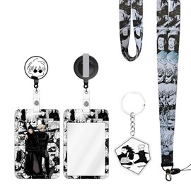 TJIUSI Anime Lanyard with Retractable Badge Reel and Funny Satoru ID Badge Holder(with Anime Keychain) 4PCS Set Swivel Clip Alligator Badge Reel for Nurses Student Teacher Women Men