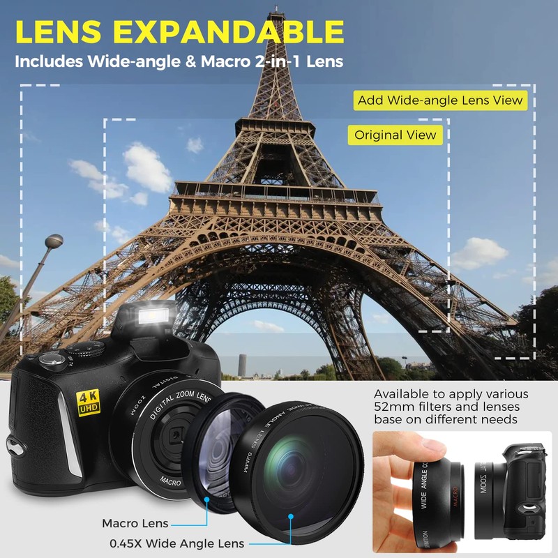 Digital Camera with Macro & Wide Angle Lens 48MP 4K