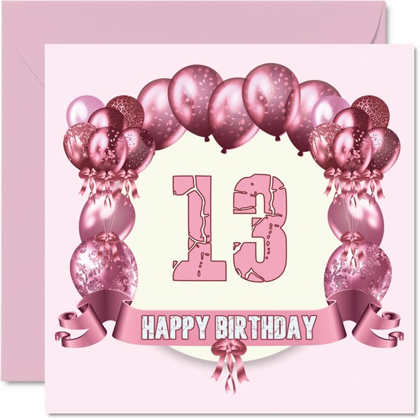 Fun 13th Birthday Cards for Girls - Birthday Balloons - Happy Birthday Card for Son Daughter Brother Sister Grandson Granddaughter Niece Nephew Cousin, 145mm x 145mm Greeting Cards, 13th Birthday Card