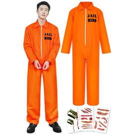 COZENRE Prisoner Clothes Orange 4-piece Set, Cosplay, Men's, Halloween Costume, Prisoner Costume, One-piece Costume, Unisex, Long Sleeve, Scratch Stickers, Tattoo Stickers, XXL Size