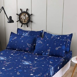 Chickwin 100% Polyester Fitted Sheet, Child Cartoon Print Fitted Sheet, Box Spring Bed, Soft Fitted Sheet, Mattress Protector for Bed Sheet, Heights up to 30 cm (Blue Room, 2 Pillowcases)