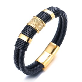 Halukakah Kids Solo Junior Boys 6-12 Years Black Genuine Leather Titanium Honor Gold Beads Bracelet Golden Magnetic Clasp Size Adjustable 18-19.5 cm with Free Gift Box, Leather Metal, No gems