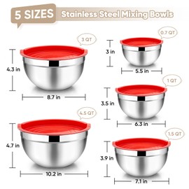 TeamFar Mixing Bowls, 4.5/3/1.5/1/0.7 QT, Stainless Steel Metal Nesting Salad Bowl with Lid Set, Ideal for Mixing Serving, Non-Toxic & Sturdy, Airtight Lid & Easy Clean, Red-Set of 5