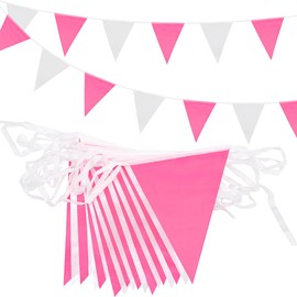 ADQUATOR 20m 52pcs Pink White Pennant Bunting,Double Sided Reusable Polyester Fabric Two-tone Triangle Flags Banner for Indoor Outdoor Birthday Party Decorations